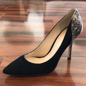 Black Suede Pumps with Snakeskin Heal